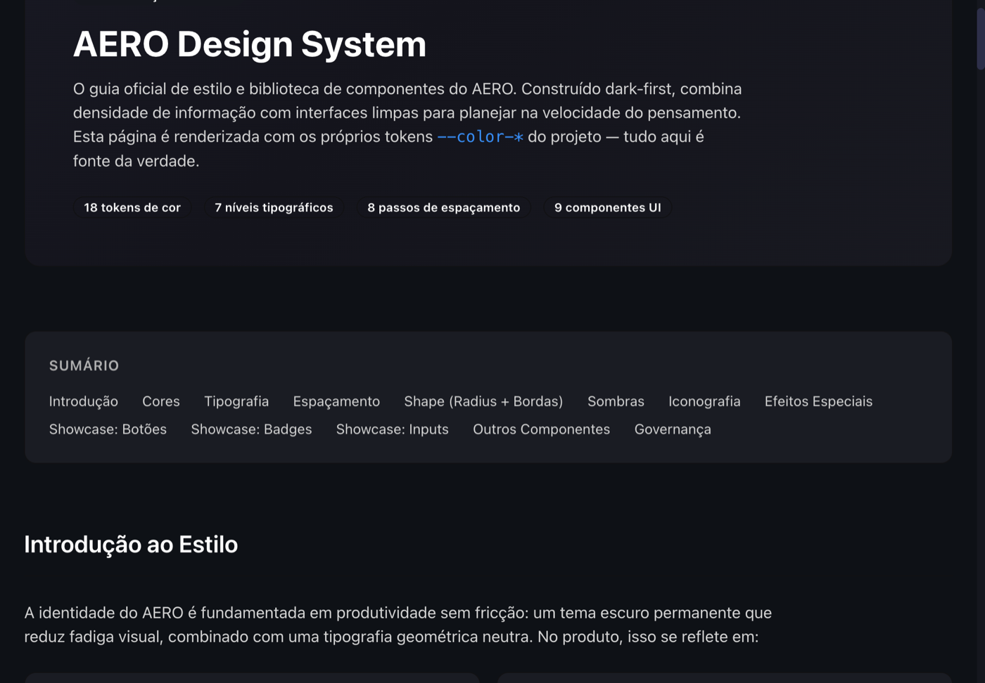 Topo da página Documentação Viva do design system do Aero, com o selo v1.0 e o resumo de 18 tokens de cor, 7 níveis tipográficos, 8 passos de espaçamento e 9 componentes