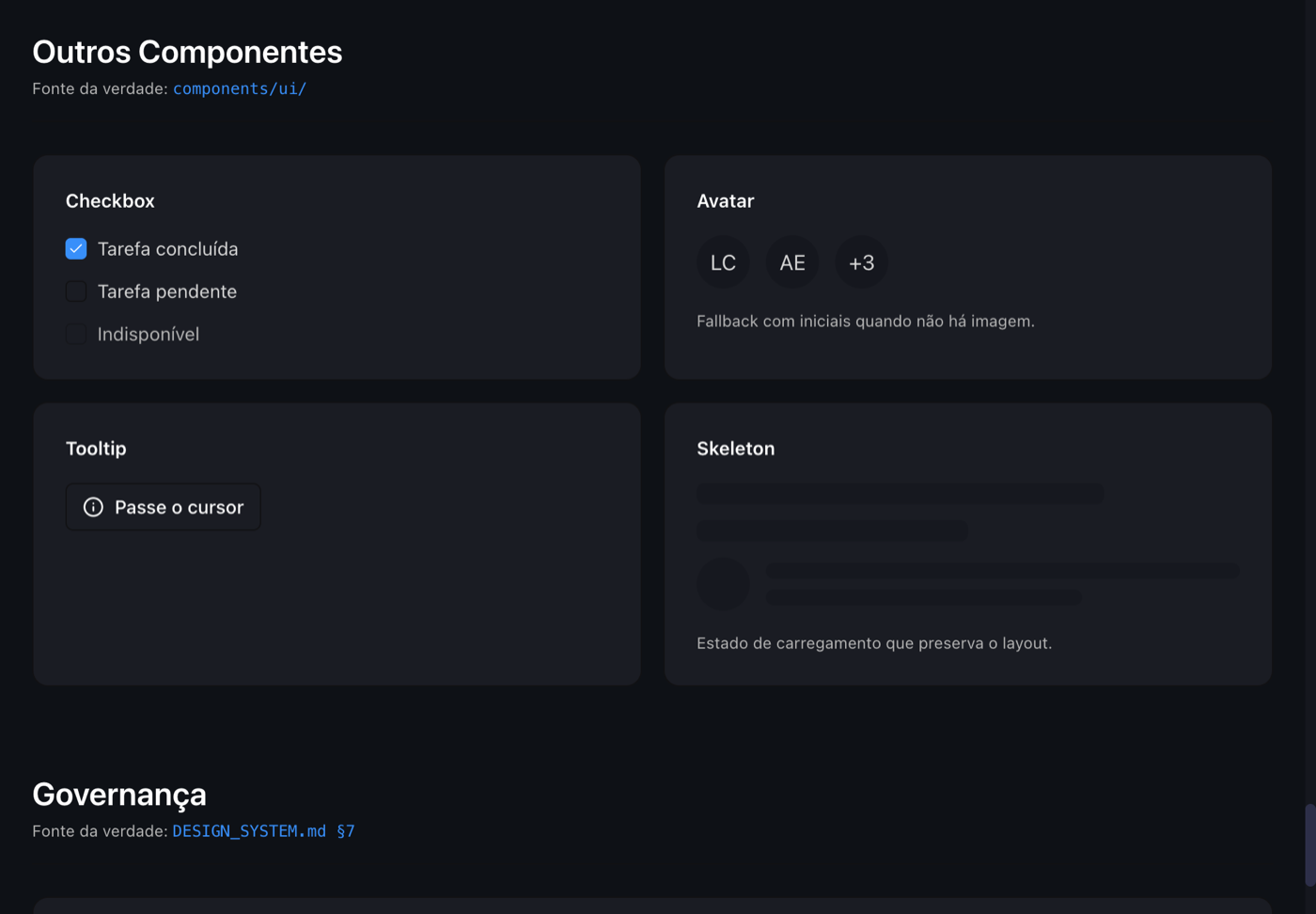 Componentes checkbox, avatar com iniciais, tooltip e skeleton de carregamento do design system do Aero na documentação viva