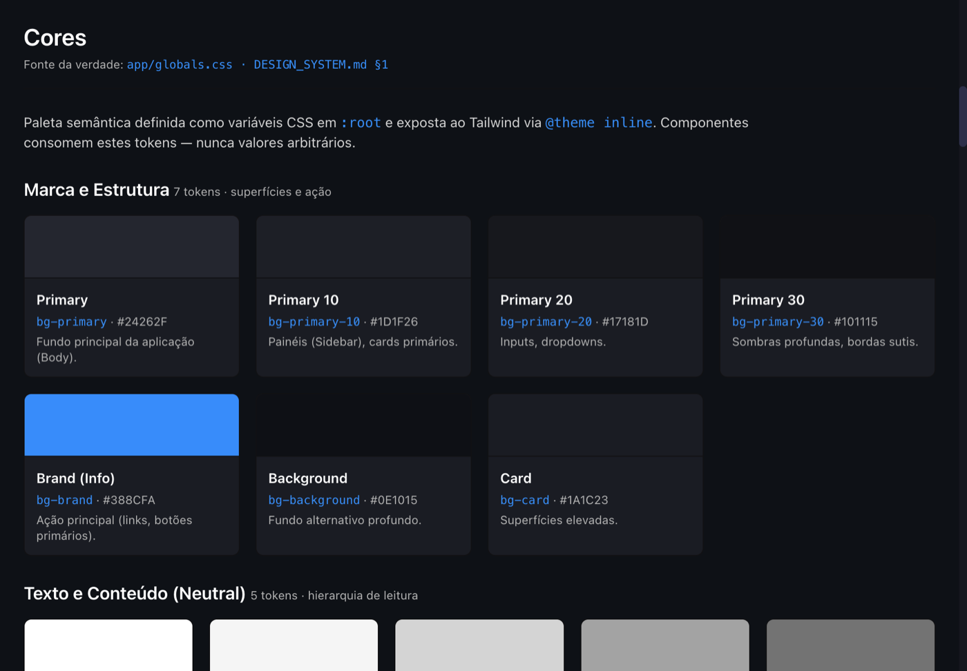 Grade de tokens de cor do design system do Aero na página de documentação viva: 18 tokens organizados em Marca e Estrutura, Texto e Conteúdo e feedback