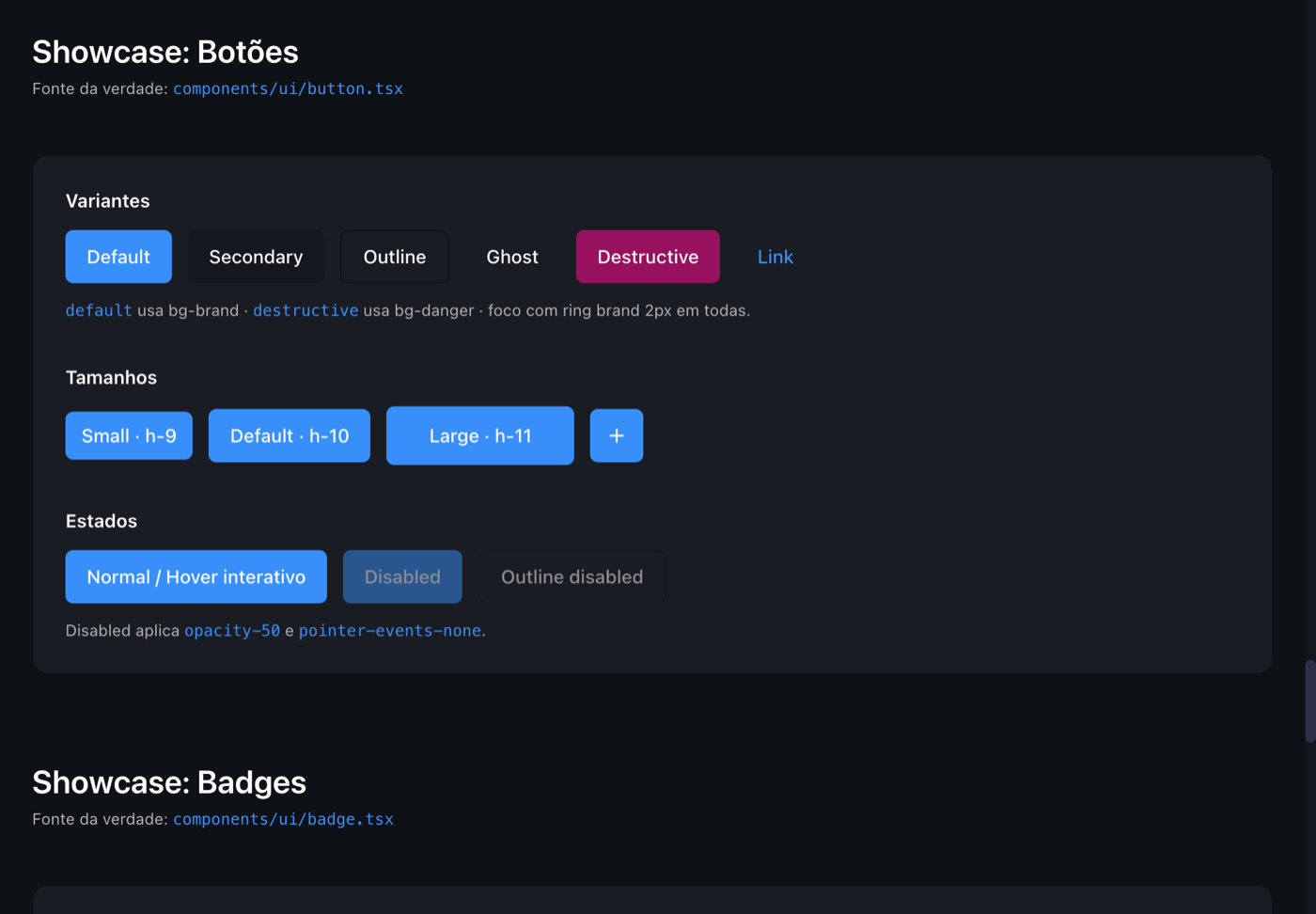 Showcase de botões do design system do Aero: 6 variantes, 3 tamanhos e estados de hover, foco e desabilitado na página de documentação viva