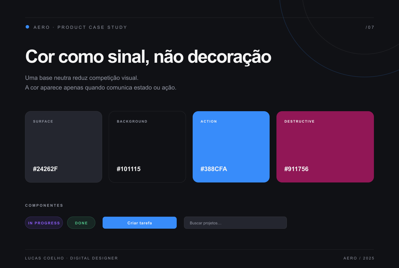 Paleta de cores e componentes do design system do Aero: superfícies escuras #101115 e #24262F, azul de ação #388CFA, magenta destrutivo #911756 e cores de estado