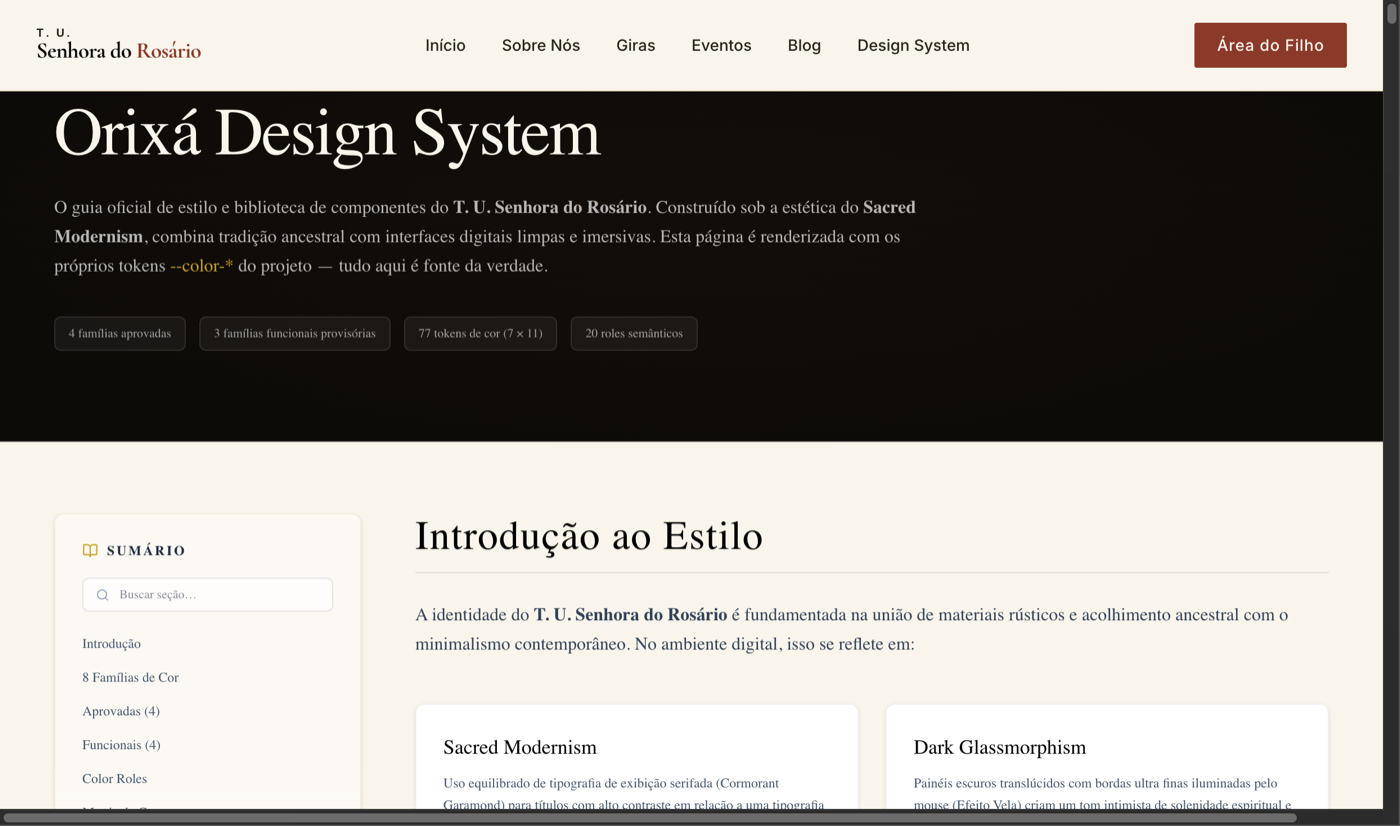Topo da documentação viva do Orixá Design System, com o conceito Sacred Modernism, selo v0.2 e os números do sistema